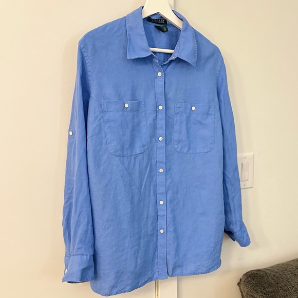 Lauren Ralph Lauren Classic Blue Shirt 100% Linen XL Preppy Old money - Picture 2 of 13